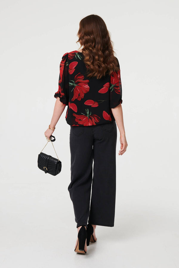 Red | Floral Semi Sheer Puff Sleeve Blouse
