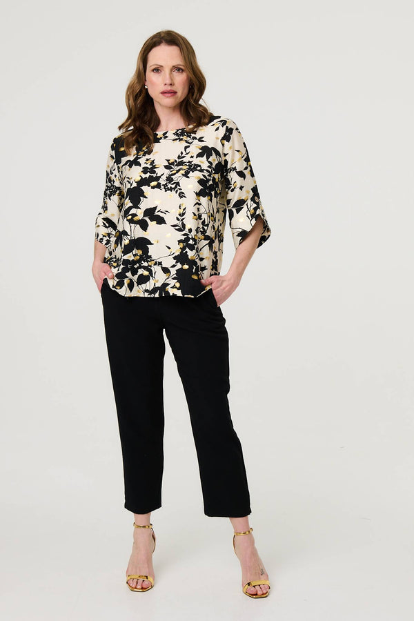 Black | Metallic Trim Leaf Print 3/4 Sleeve Blouse
