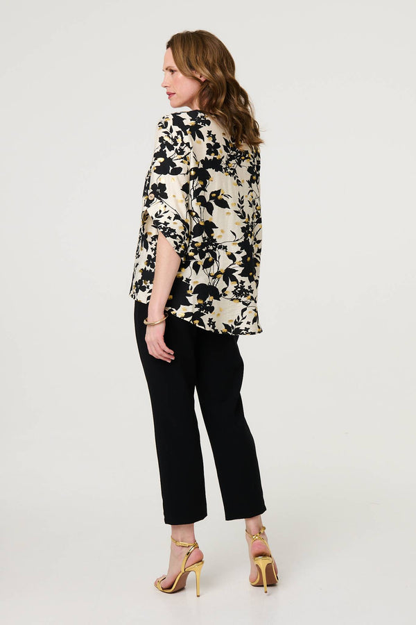 Black | Metallic Trim Leaf Print 3/4 Sleeve Blouse
