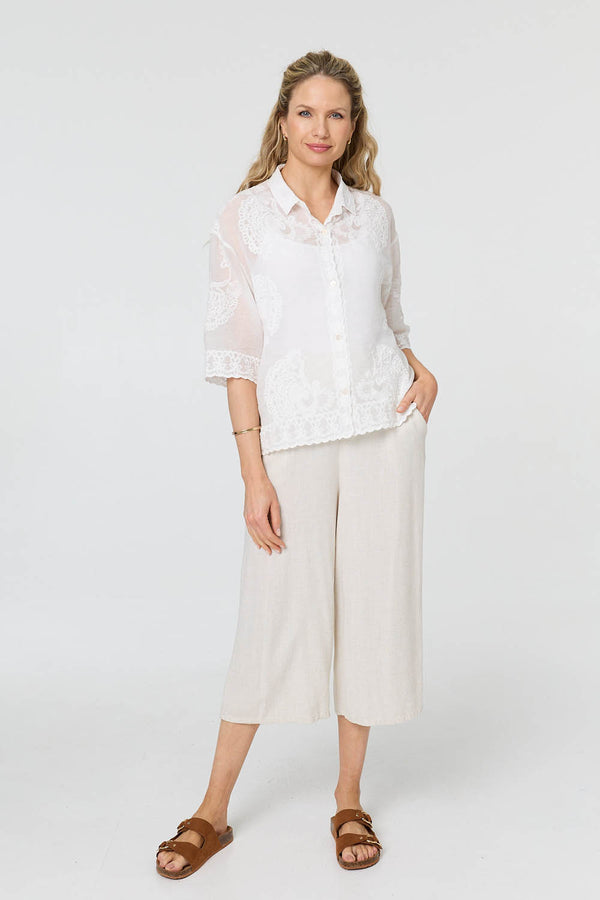 White | Embroidered Trim 3/4 Sleeve Shirt