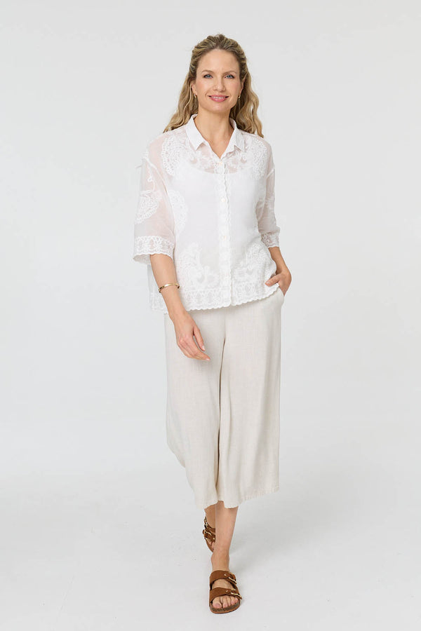 White | Embroidered Trim 3/4 Sleeve Shirt