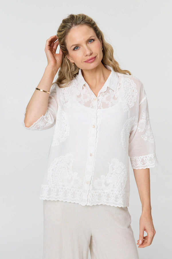White | Embroidered Trim 3/4 Sleeve Shirt