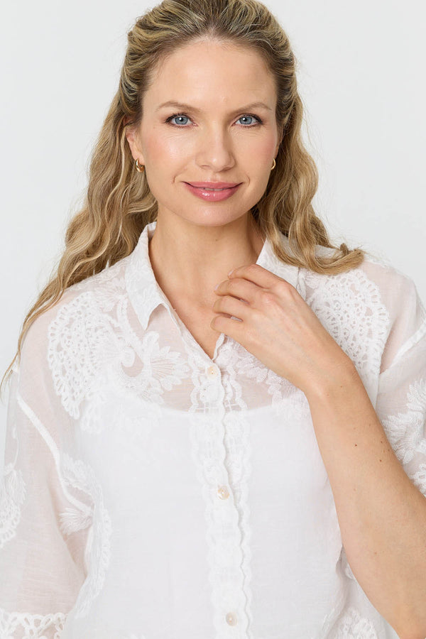White | Embroidered Trim 3/4 Sleeve Shirt
