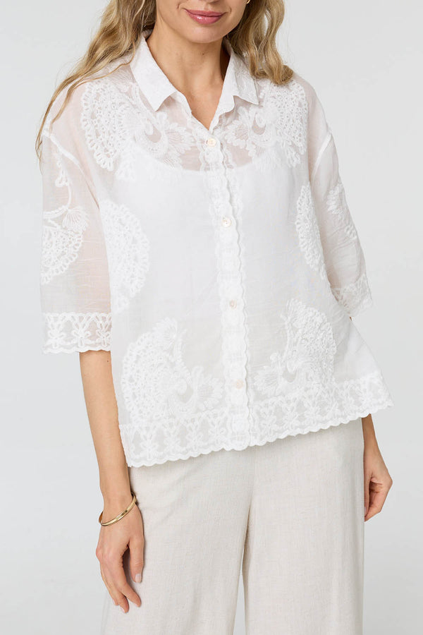 White | Embroidered Trim 3/4 Sleeve Shirt