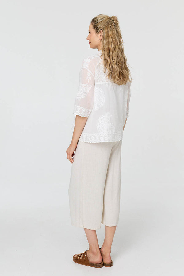 White | Embroidered Trim 3/4 Sleeve Shirt