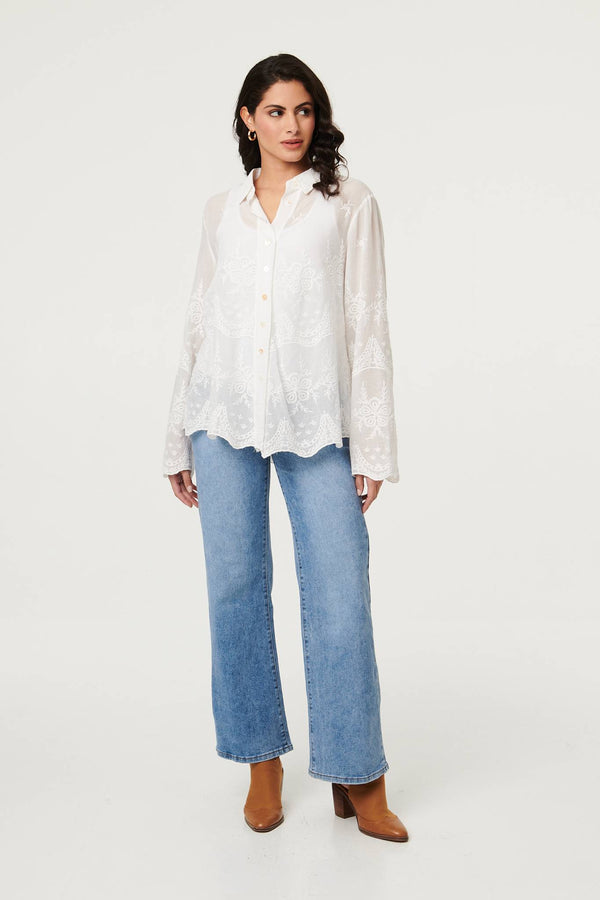 White | Embroidered Long Sleeve Semi Sheer Shirt
