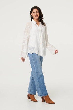 White | Embroidered Long Sleeve Semi Sheer Shirt