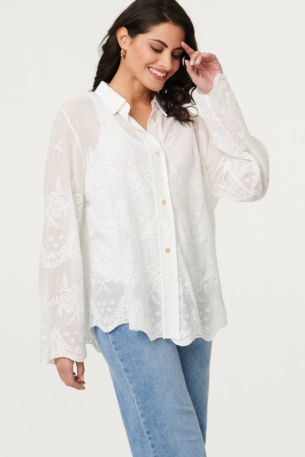White | Embroidered Long Sleeve Semi Sheer Shirt