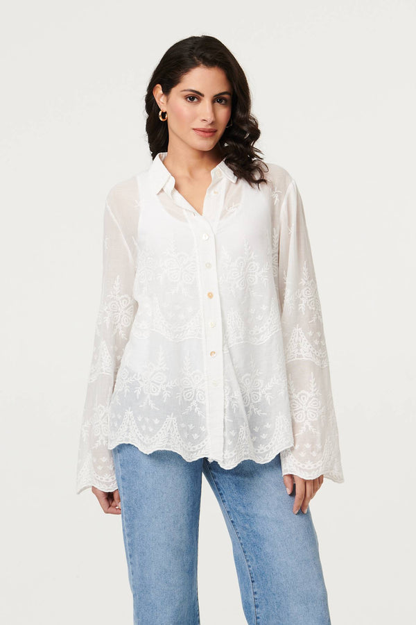 White | Embroidered Long Sleeve Semi Sheer Shirt