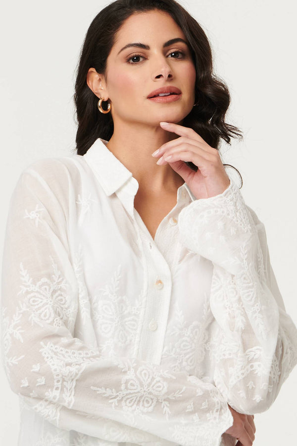White | Embroidered Long Sleeve Semi Sheer Shirt