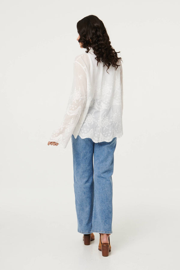White | Embroidered Long Sleeve Semi Sheer Shirt