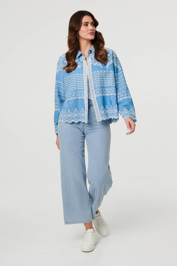 Blue | Embroidered Lace Trim Long Sleeve Shirt
