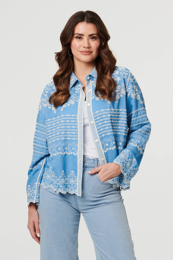 Blue | Embroidered Lace Trim Long Sleeve Shirt
