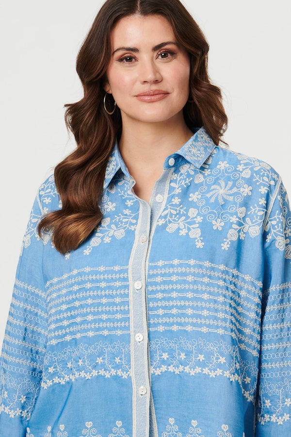Blue | Embroidered Lace Trim Long Sleeve Shirt
