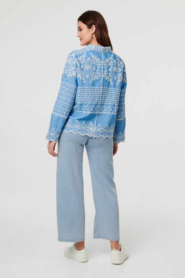 Blue | Embroidered Lace Trim Long Sleeve Shirt
