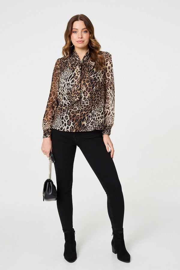 Beige | Animal Print Tie Neck Long Sleeve Blouse
