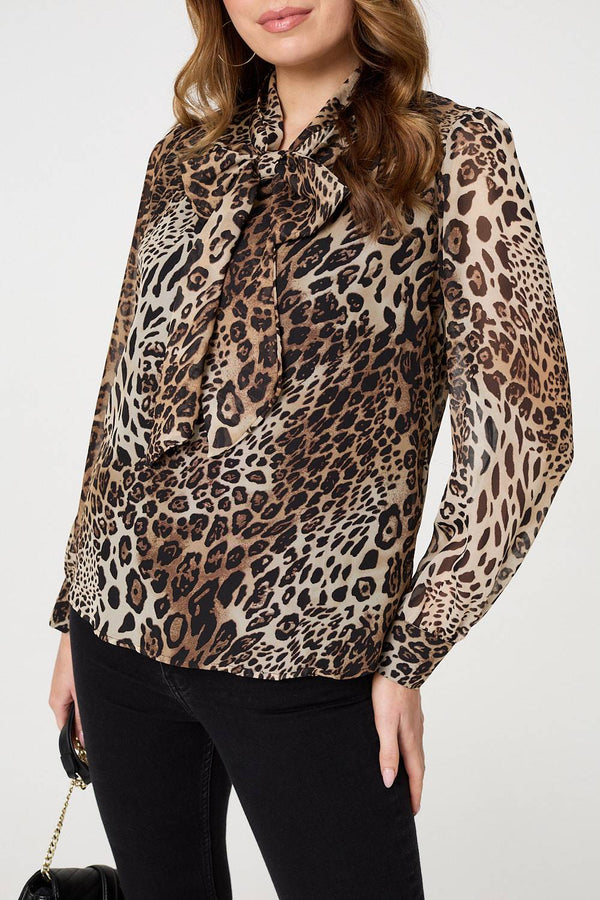 Beige | Animal Print Tie Neck Long Sleeve Blouse
