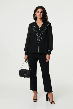 Black | Contrast Trim Semi Sheer Ruffled Blouse
