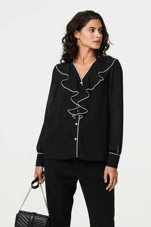 Black | Contrast Trim Semi Sheer Ruffled Blouse
