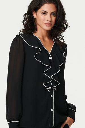 Black | Contrast Trim Semi Sheer Ruffled Blouse : Model is 5'8