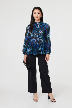 Blue | Printed Pleated Long Sleeve Tunic Blouse

