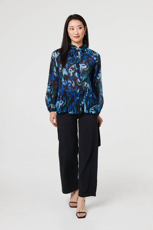 Blue | Printed Pleated Long Sleeve Tunic Blouse
