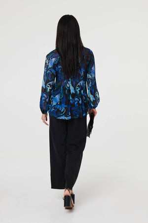 Blue | Printed Pleated Long Sleeve Tunic Blouse
