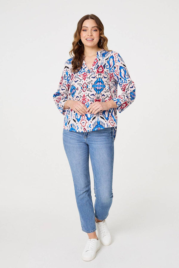 Blue | Ikat Print 3/4 Sleeve V-Neck Blouse
