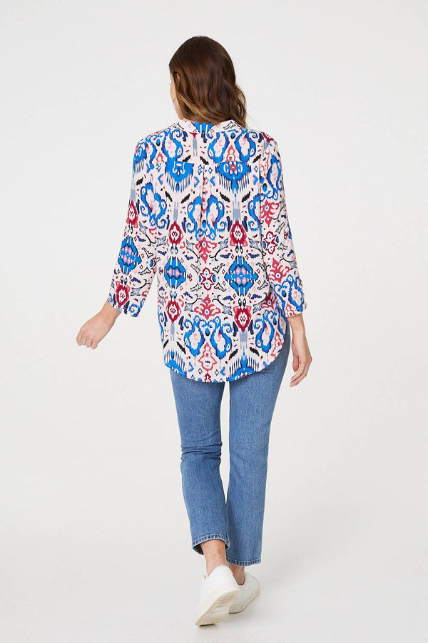 Blue | Ikat Print 3/4 Sleeve V-Neck Blouse
