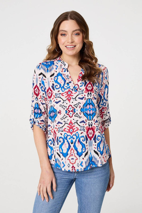 Blue | Ikat Print 3/4 Sleeve V-Neck Blouse
