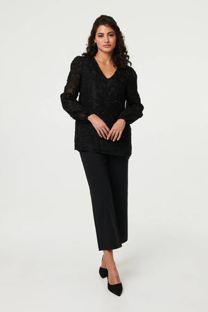 Black | Lace Embellished V-Neck Long Sleeve Top
