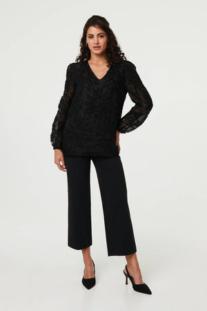 Black | Lace Embellished V-Neck Long Sleeve Top

