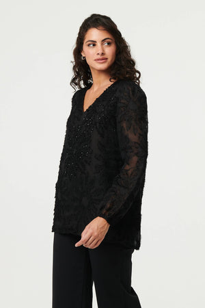 Black | Lace Embellished V-Neck Long Sleeve Top
