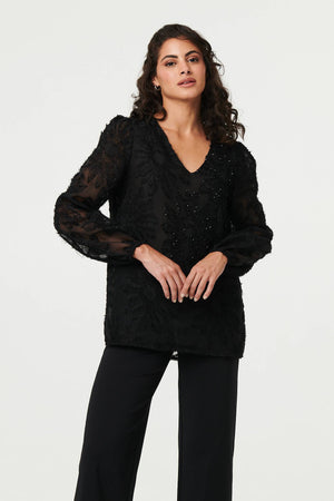 Black | Lace Embellished V-Neck Long Sleeve Top : Model is 5'8