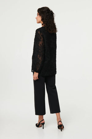Black | Lace Embellished V-Neck Long Sleeve Top
