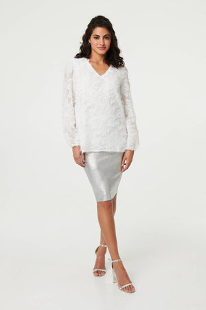 White | Lace Embellished V-Neck Long Sleeve Top
