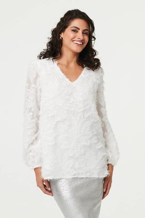 White | Lace Embellished V-Neck Long Sleeve Top : Model is 5'8