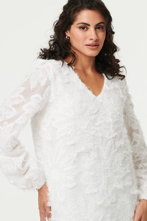 White | Lace Embellished V-Neck Long Sleeve Top
