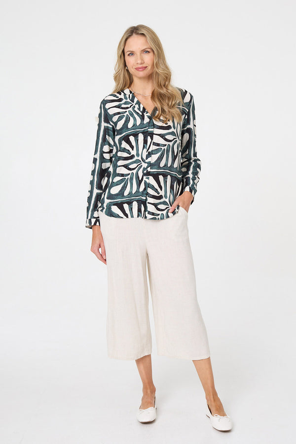 Black | Abstract Long Sleeve Collarless Blouse