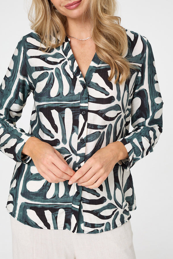 Black | Abstract Long Sleeve Collarless Blouse