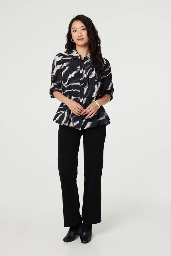 Navy | Marble Print 3/4 Sleeve Ruched Blouse

