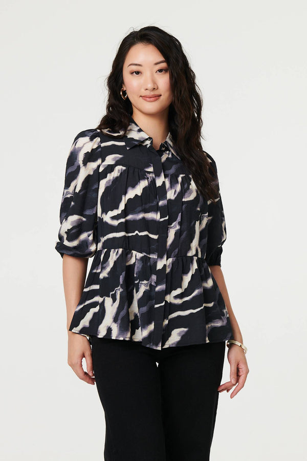 Navy | Marble Print 3/4 Sleeve Ruched Blouse
