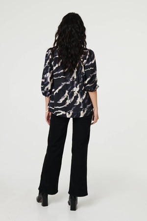 Navy | Marble Print 3/4 Sleeve Ruched Blouse
