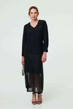 Black | Floral Embroidered Long Sleeve Top
