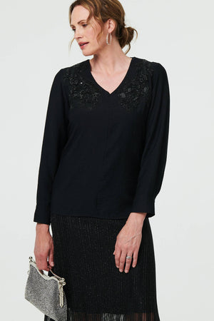 Black | Floral Embroidered Long Sleeve Top
