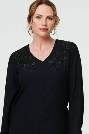 Black | Floral Embroidered Long Sleeve Top
