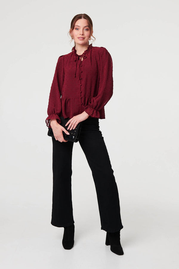 Burgundy | Textured Semi Sheer Frilled Blouse
