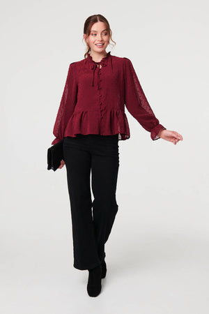 Burgundy | Textured Semi Sheer Frilled Blouse
