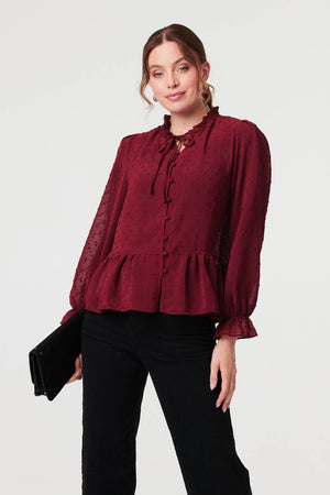 Burgundy | Textured Semi Sheer Frilled Blouse
