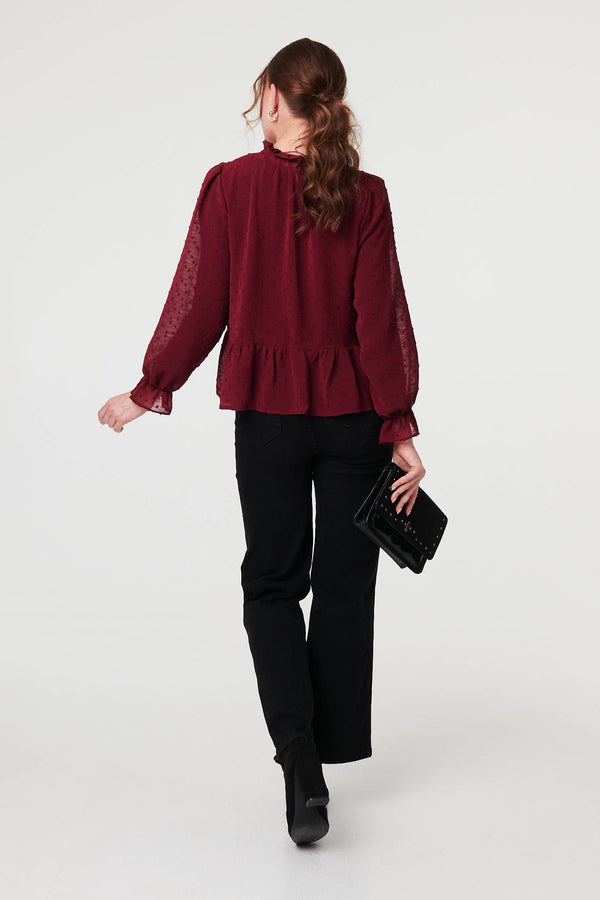 Burgundy | Textured Semi Sheer Frilled Blouse

